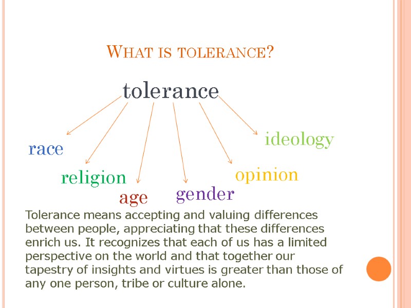 What is tolerance? tolerance race  gender religion age opinion ideology Tolerance means accepting